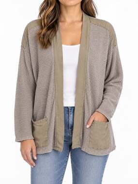 Poetry Womens Taupe Gray Linen Open Front Cardigan US 12 14 Knit Pockets Boho